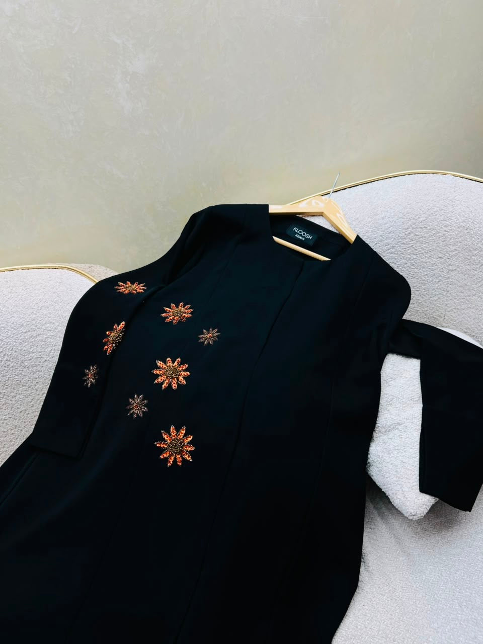 Kloosh Abayas | Celestial Bloom Premium Black Abaya with Copper Floral Hand Embellishments