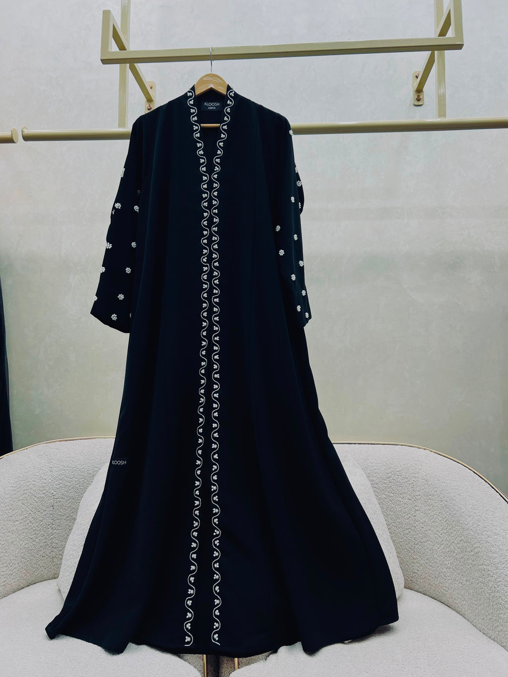 Kloosh Abayas | Noir Bloom Hand-Embellished Premium Black Abaya with Silver Floral Embroidery