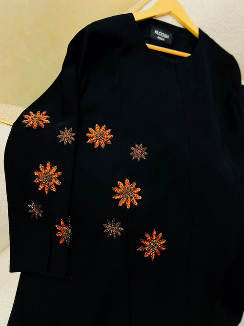 Kloosh Abayas | Celestial Bloom Premium Black Abaya with Copper Floral Hand Embellishments