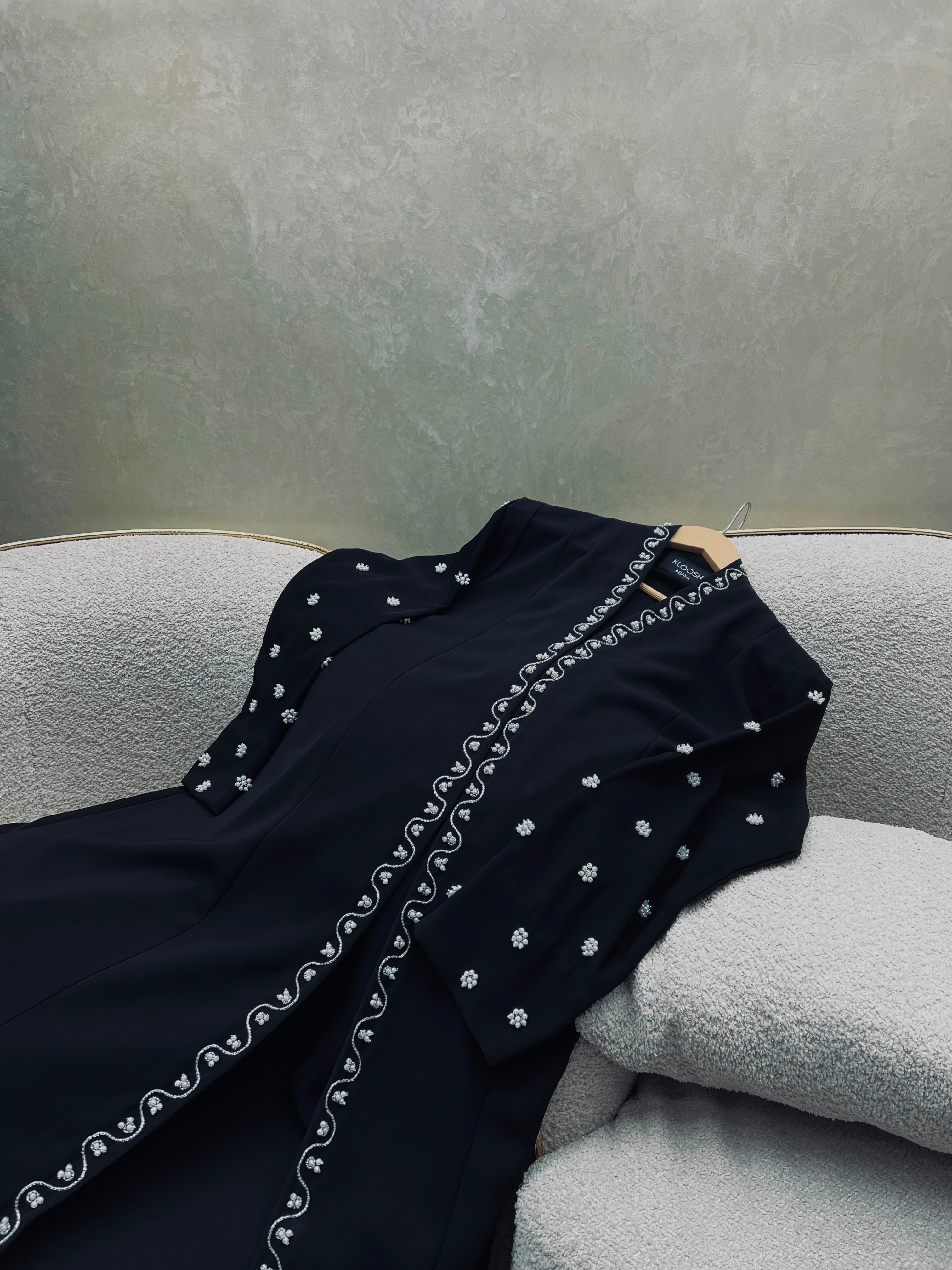 Kloosh Abayas | Noir Bloom Hand-Embellished Premium Black Abaya with Silver Floral Embroidery