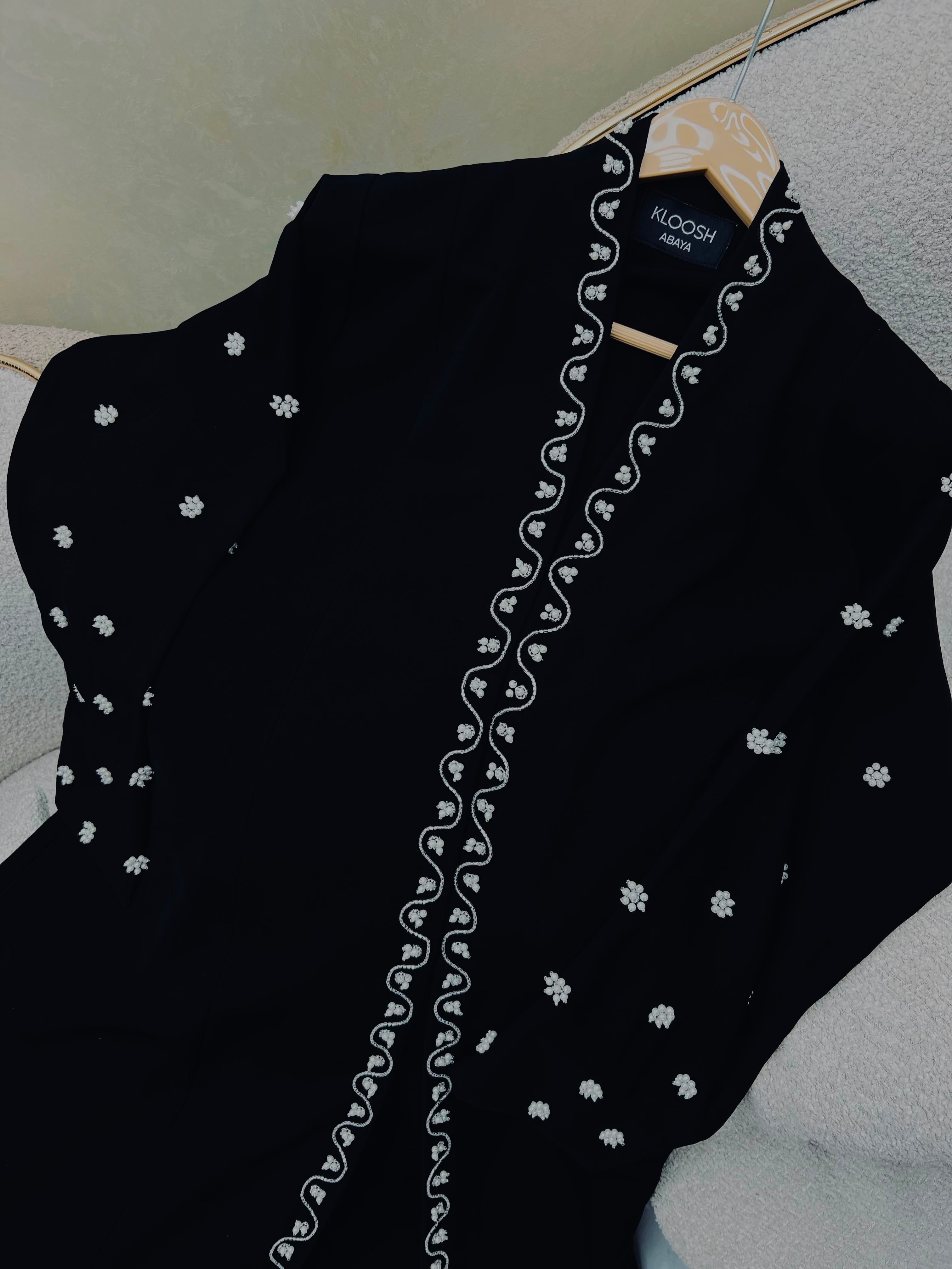 Kloosh Abayas | Noir Bloom Hand-Embellished Premium Black Abaya with Silver Floral Embroidery