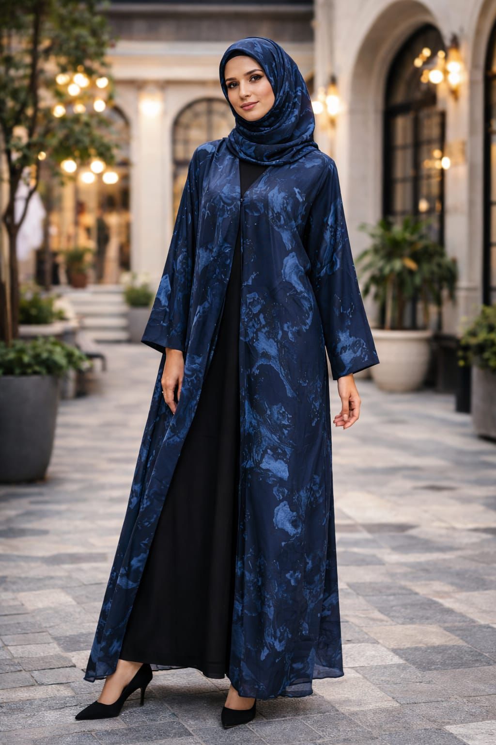 Luxury Navy Printed Abaya with Matching Hijab