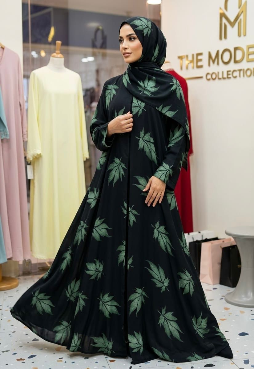 Luxury Navy Printed Abaya with Matching Hijab