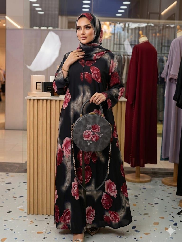 Luxury Navy Printed Abaya with Matching Hijab