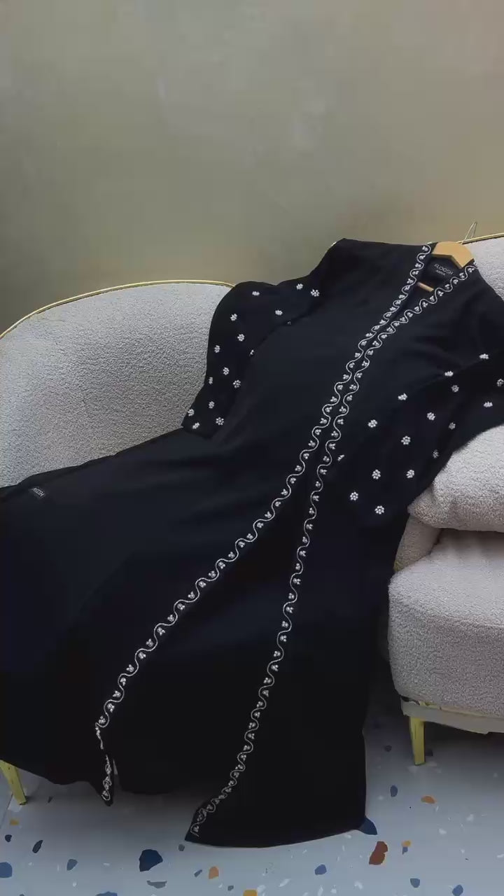 Kloosh Abayas | Noir Bloom Hand-Embellished Premium Black Abaya with Silver Floral Embroidery